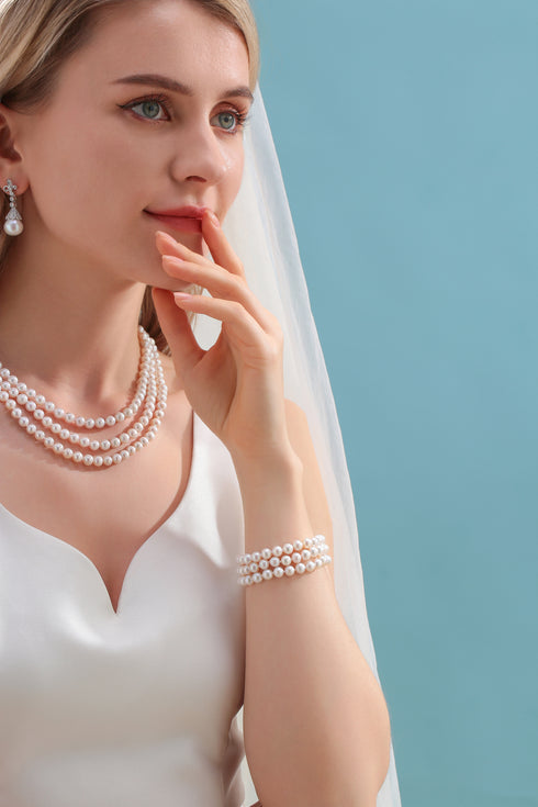 6-7mm Triple Strand Freshwater Pearls Bracelet Necklace Set(Purchase Individually) - House Of Pearls